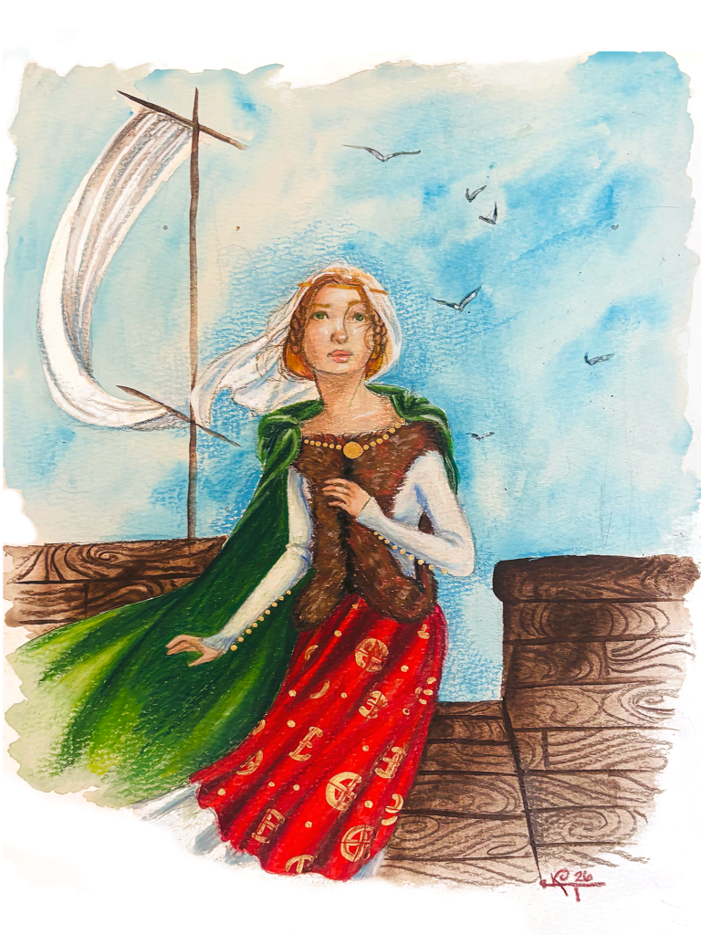 drawing, woman on a ship