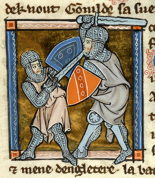 Two knights fighting, medieval manuscript